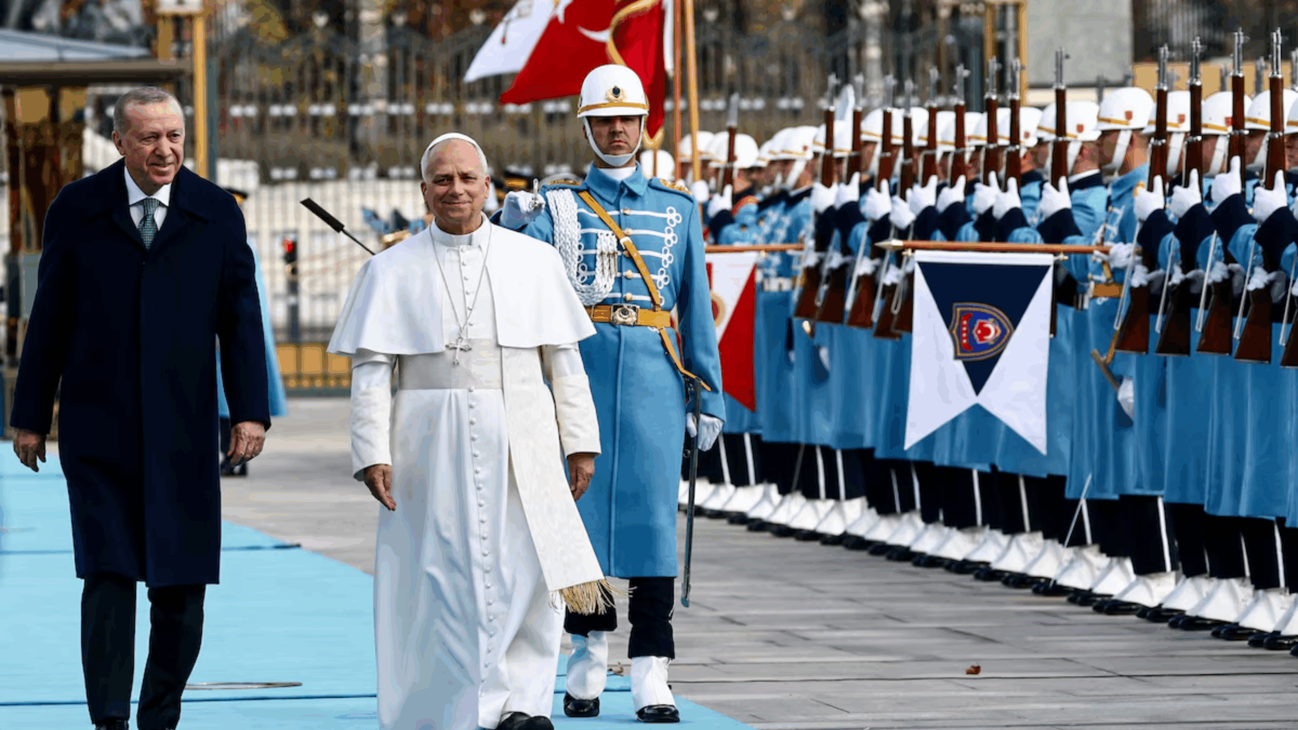 Papa XIV Leonun İznik səfəri - Roma Papası XIV Leonun Türkiyə prezidenti Rəcəb Tayyib Ərdoğan tərəfində ilk apostol səfəri zamanı Prezident sarayında qarşılanma mərasimi, Ankara, Türkiyə, 27 noyabr 2025 / REUTERS/Yara Nardi